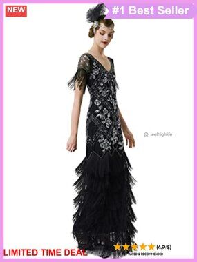 Flapper Dress 1920s Sequin Maxi V-Neck Sleeveless Gatsby Gown